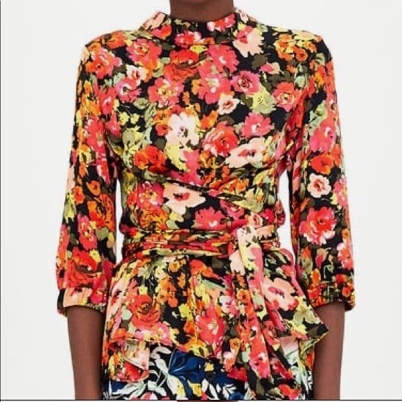ZARA TRF FLOWER BLOUSE WRAP W/ EXTRA WIDE TIE SASH - Picture 3 of 8